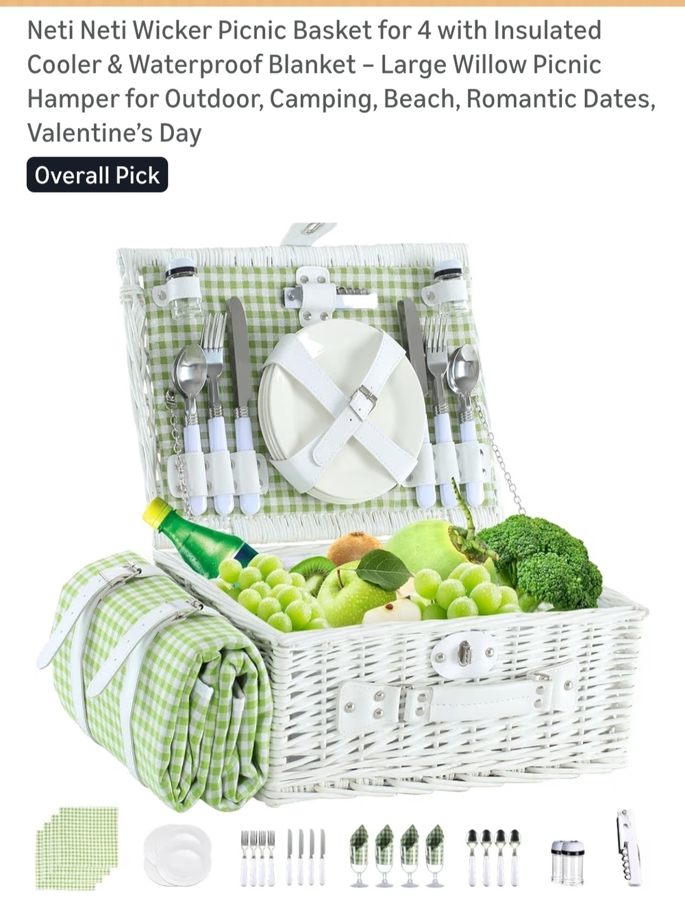 White Wicker Picnic Basket with Green Gingham Liner and Blanket